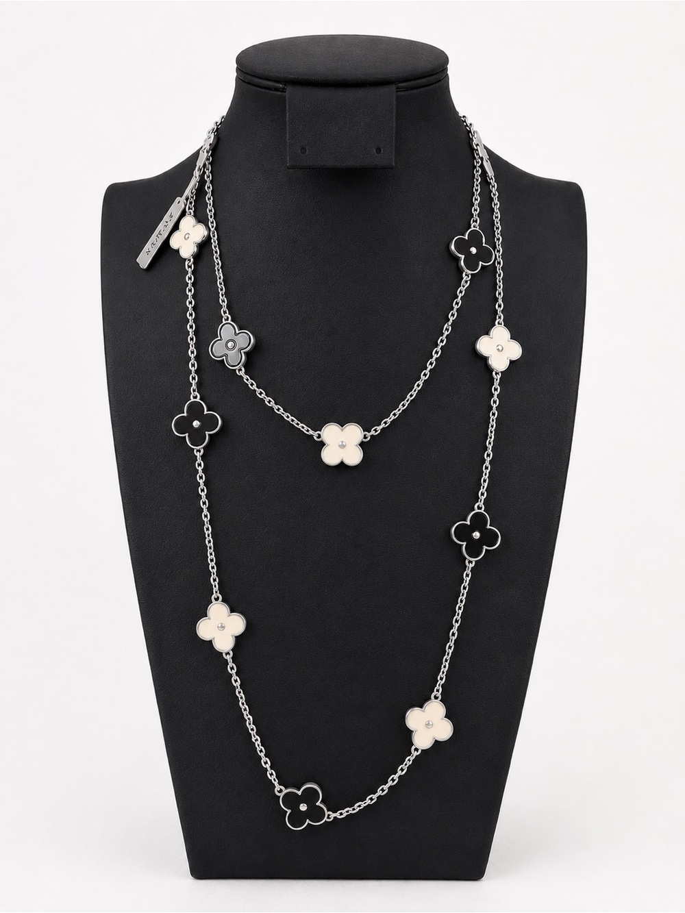 Dual-Tone Clover Pendant Long Necklace in Black and Cream